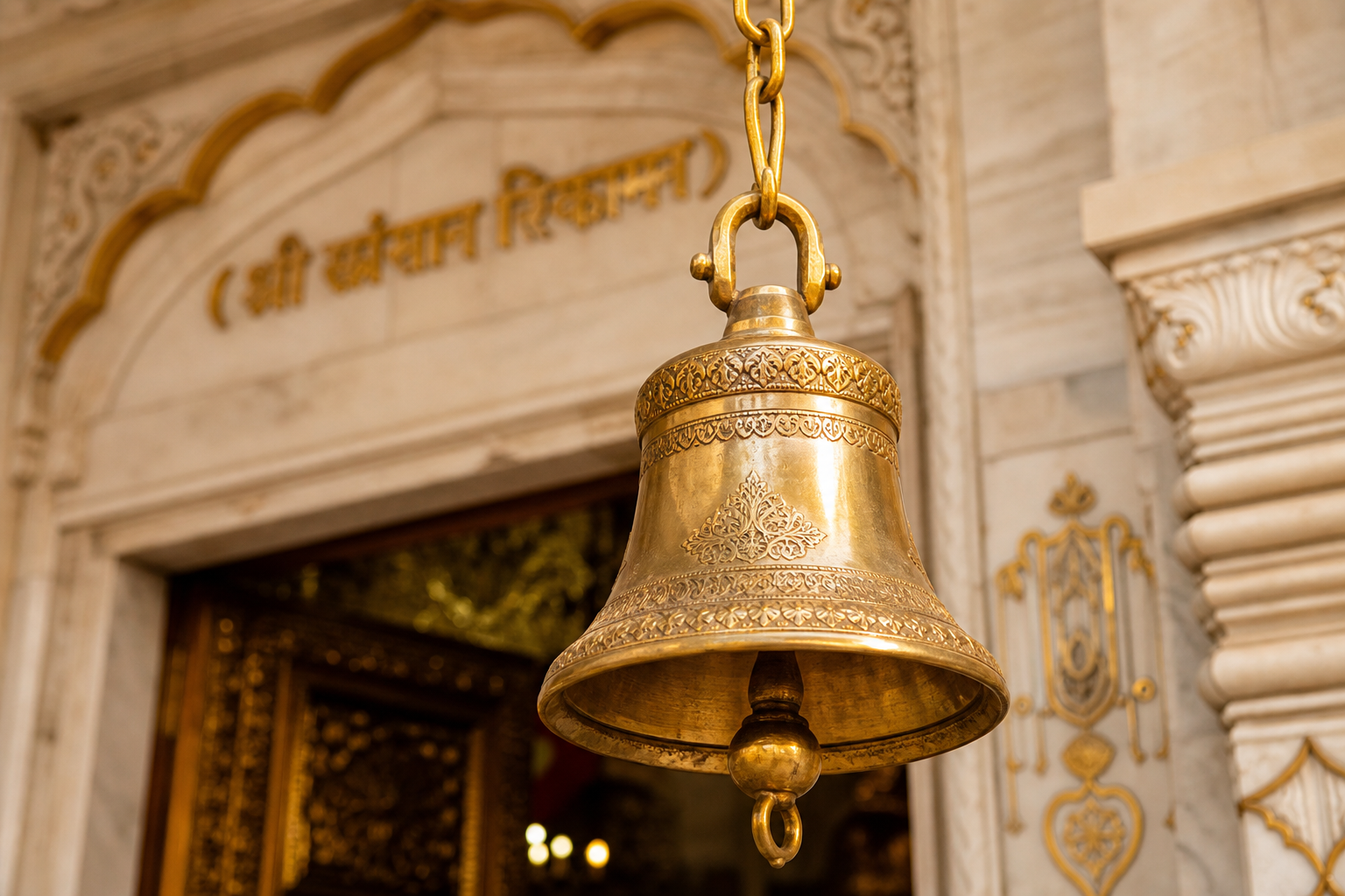 Polished brass temple bell with engraved patterns for a pooja mandir entrance